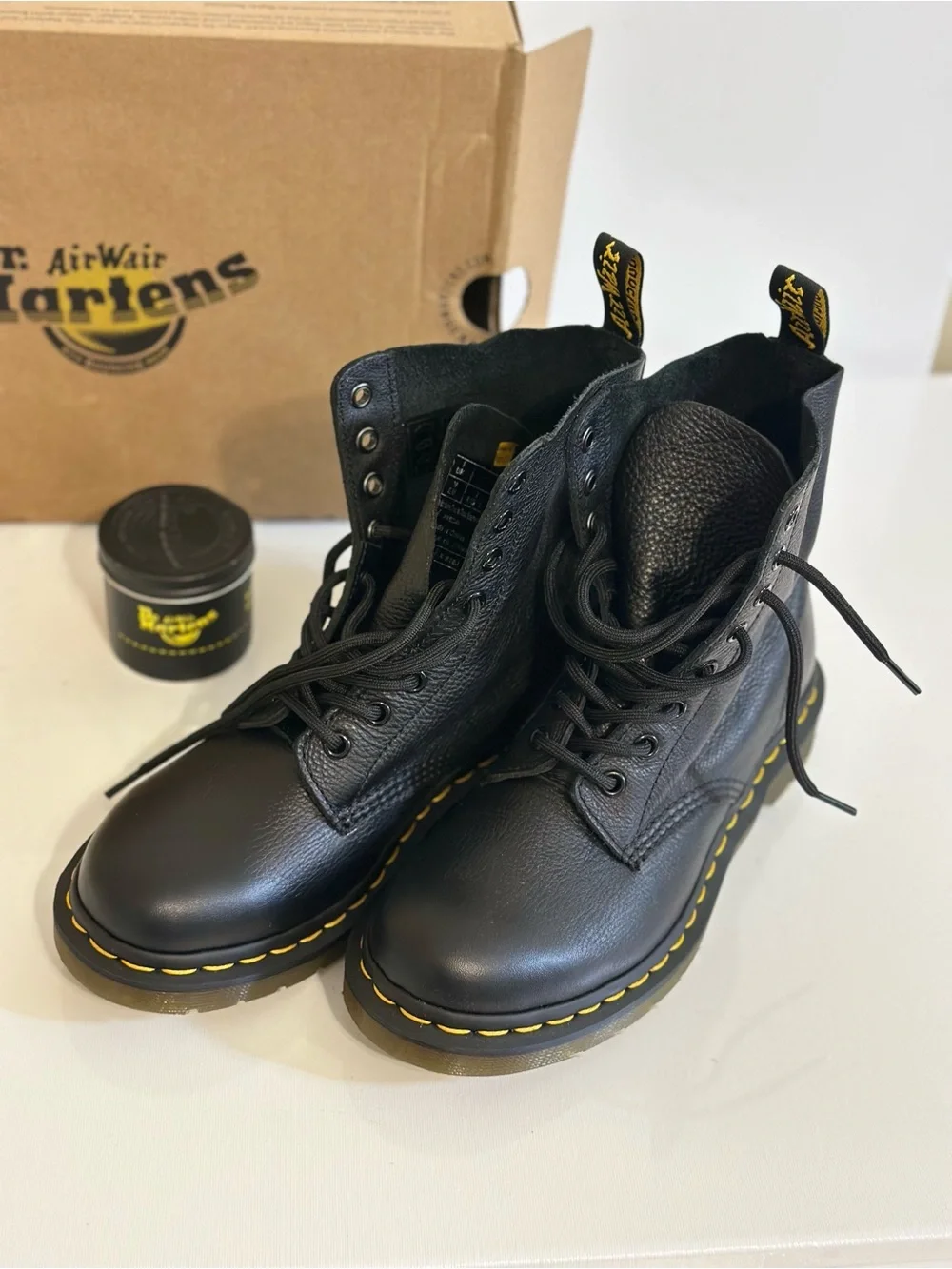 Dr. Martens Black Leather 8-Eye Boots with Yellow Stitching